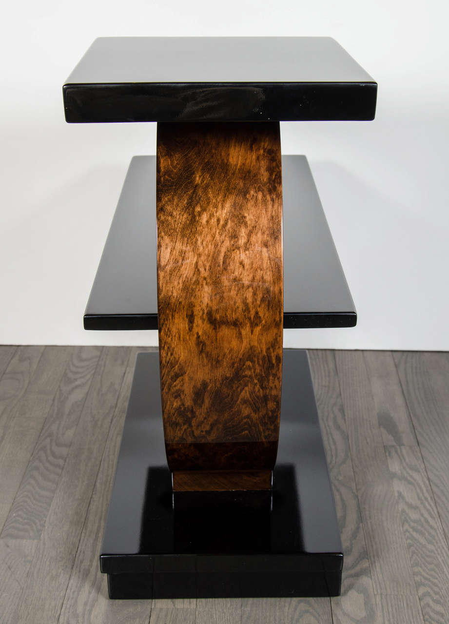 Sculptural Art Deco Side Table by Modernage in Black Lacquer & Walnut 2