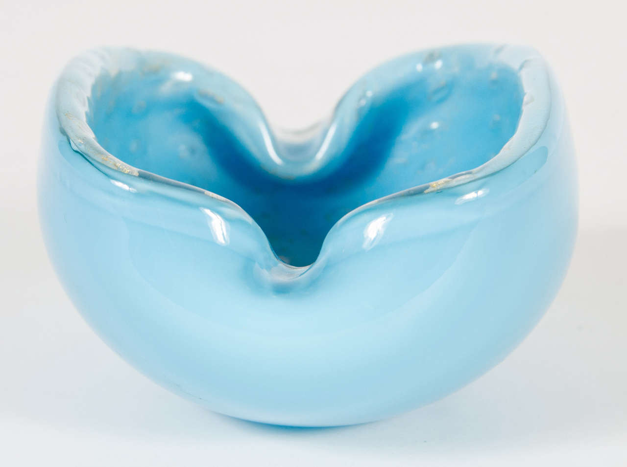 Mid-Century Modern Hand-Blown Murano Glass Bowl with 24K Gold Flecks in Robins Egg Blue
