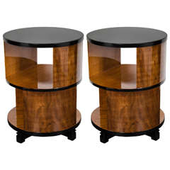 Pair of Art Deco Swivel End Tables in Book Matched Walnut