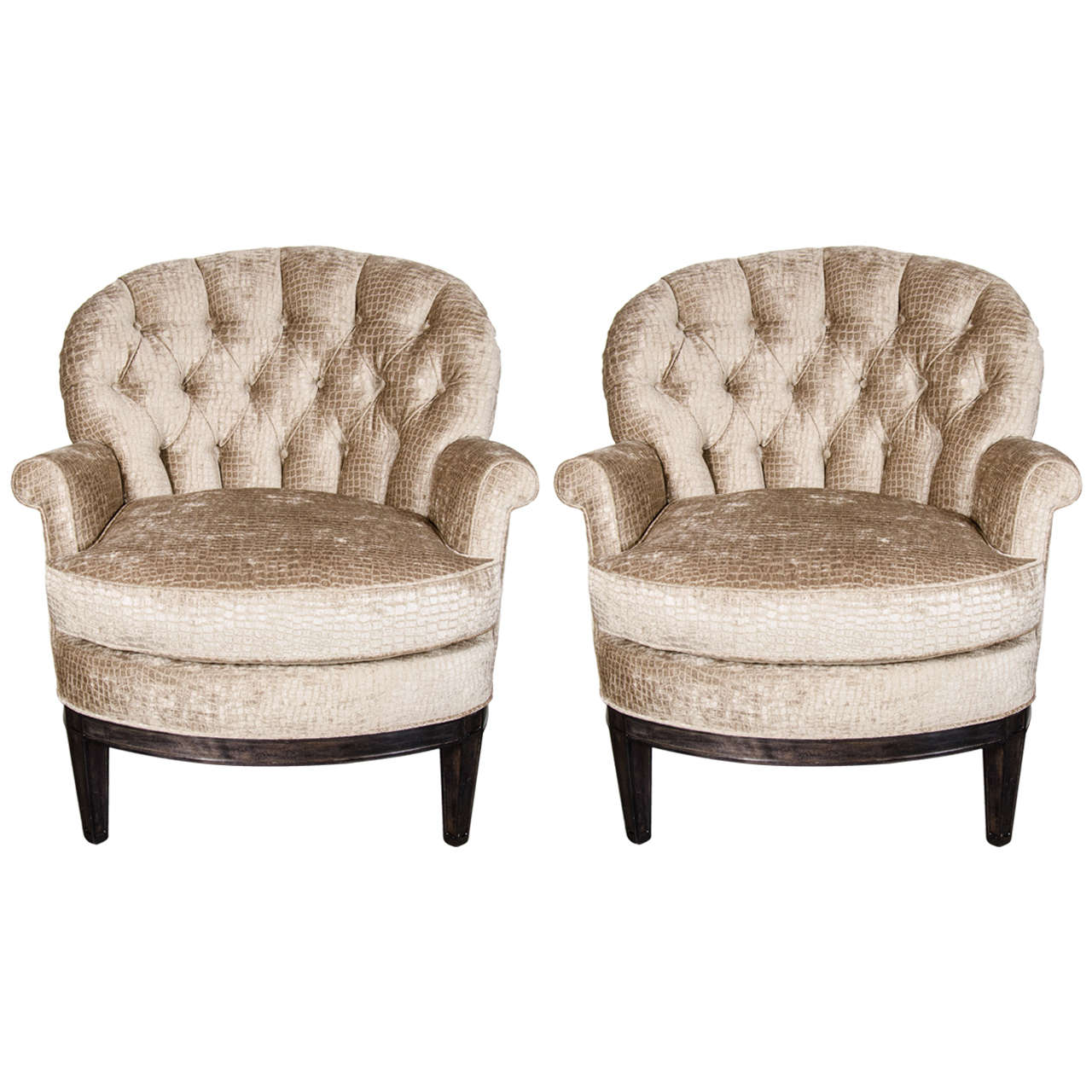 Pair of Mid-Century Tufted Club Chairs in Crocodile Gauffraged Velvet