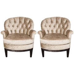 Pair of Mid-Century Tufted Club Chairs in Crocodile Gauffraged Velvet