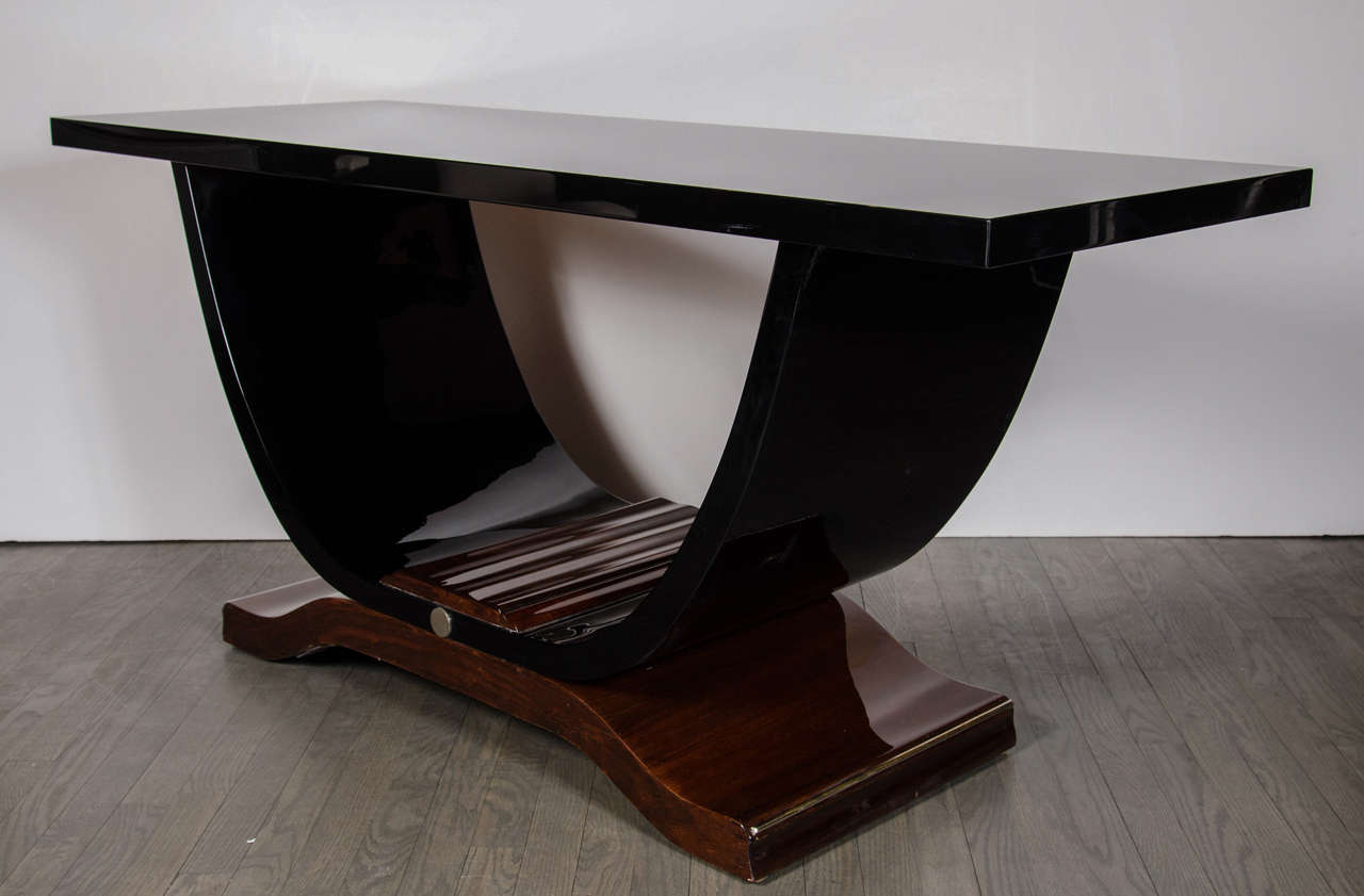 Art Deco Console Table in the Manner of Ruhlmann in Black Lacquer and Rosewood