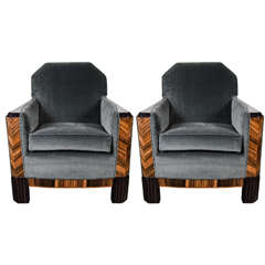 Pair of Art Deco Cubist Style Club Chairs in Book Matched Macassar and Walnut