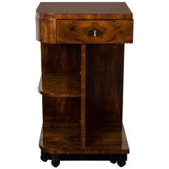 Art Deco Multi-Tier Side Table in Book-Matched Walnut with Black Lacquer Accents