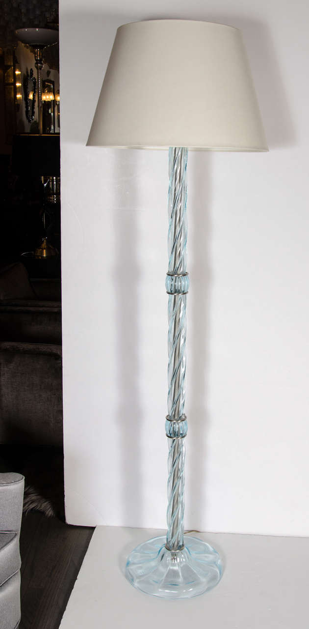 Mid-Century Pale Blue Iridescent Murano Glass Spiral Floor Lamp