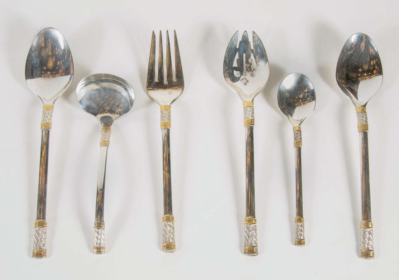 Elegant MidCentury Modernist Set of Sterling and Gold Flatware by