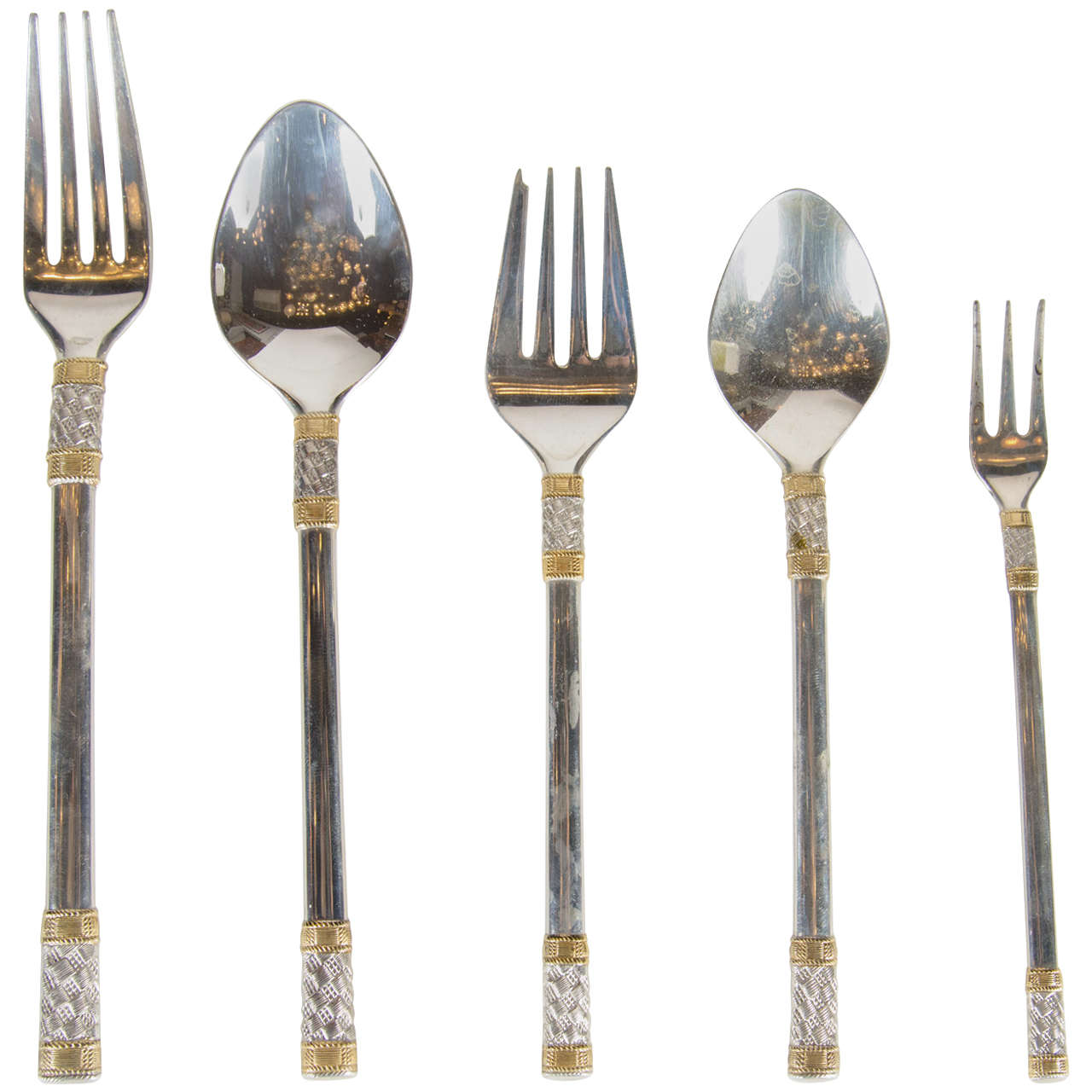 Elegant MidCentury Modernist Set of Sterling and Gold Flatware by