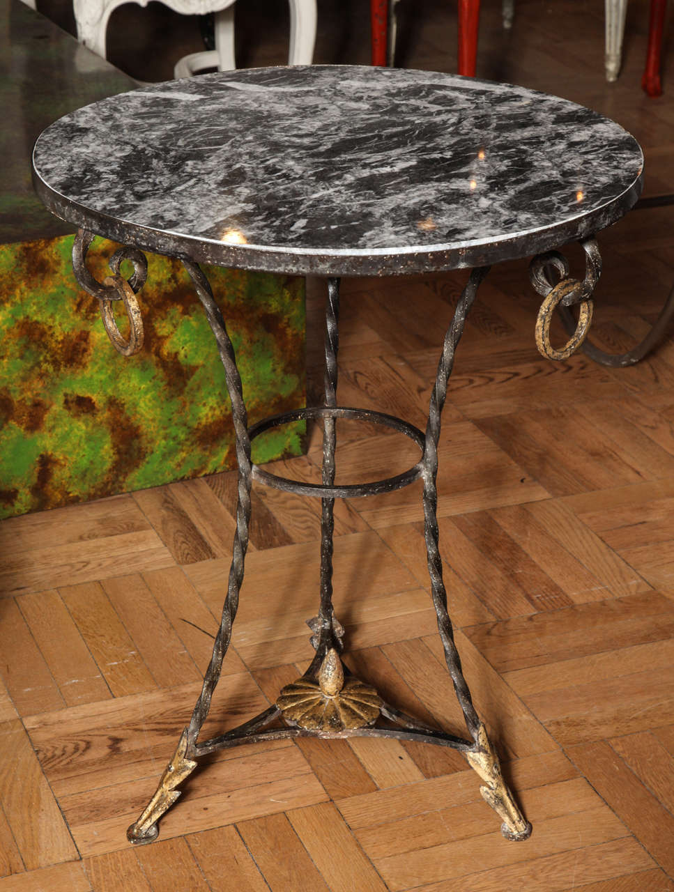 A Very Good LAte 19th/Early 20th Century  Wrought Iron and Parcel Gilt Decorated Marble Topped Gueridon