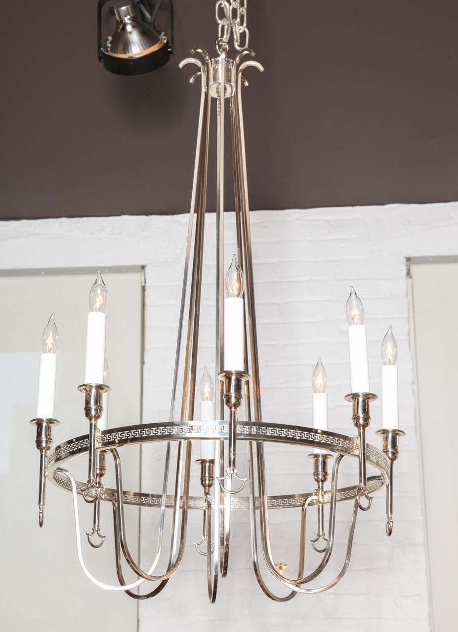 French A Neoclassical Style Silver Plate 8 Light Chandelier, France, c. 1950