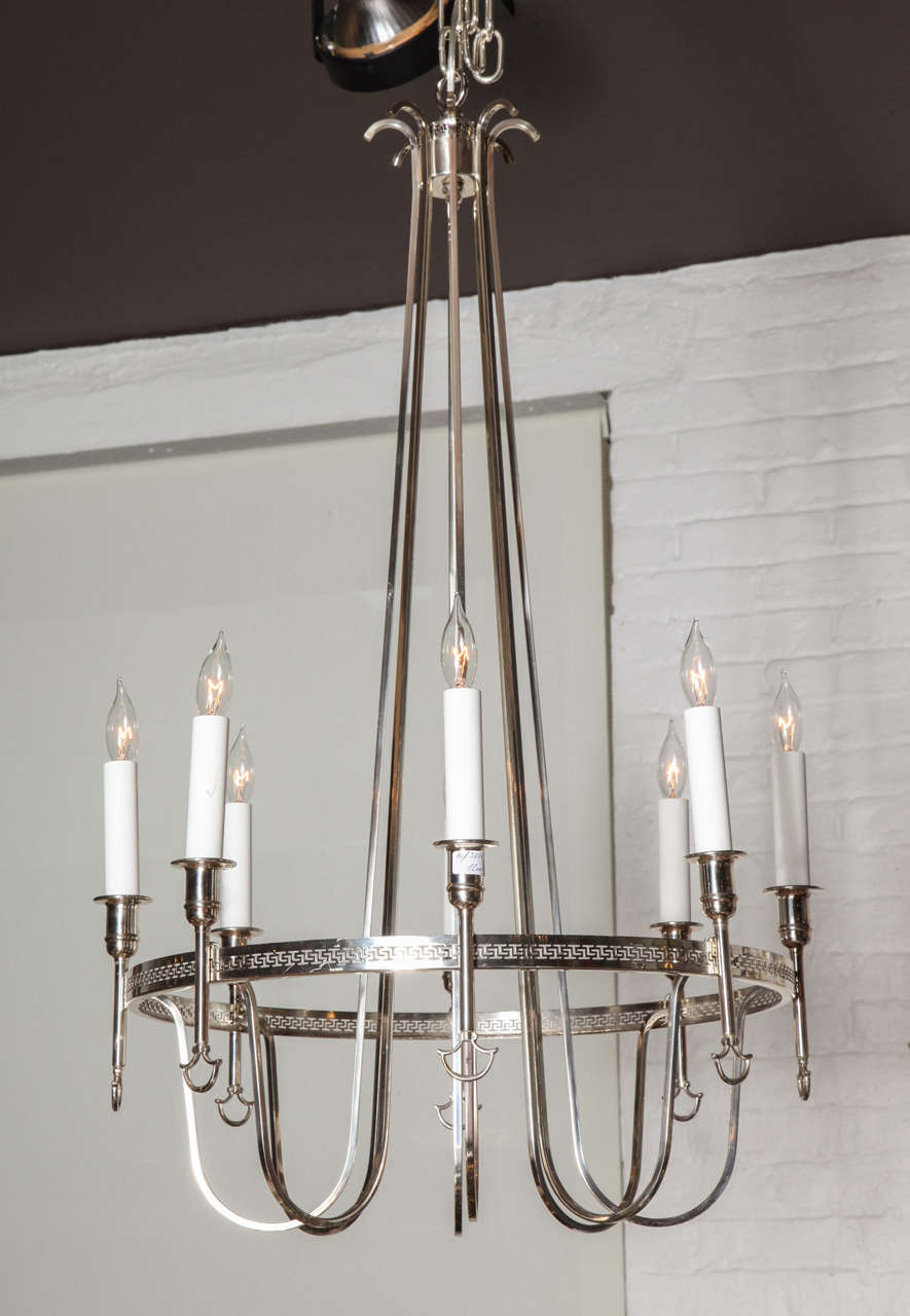 A Neoclassical Style Silver Plate 8 Light Chandelier, France, c. 1950 In Excellent Condition In New York, NY
