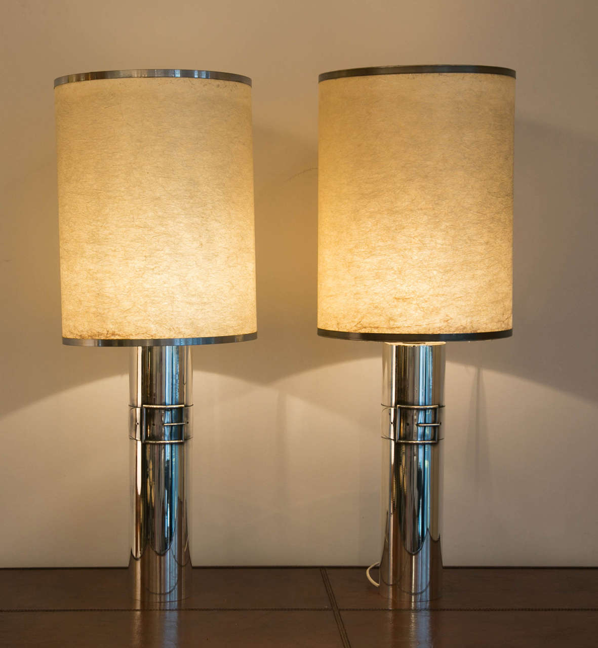 Pair of Silvered Metal Lamps with Buckle Decor, Italy 1970