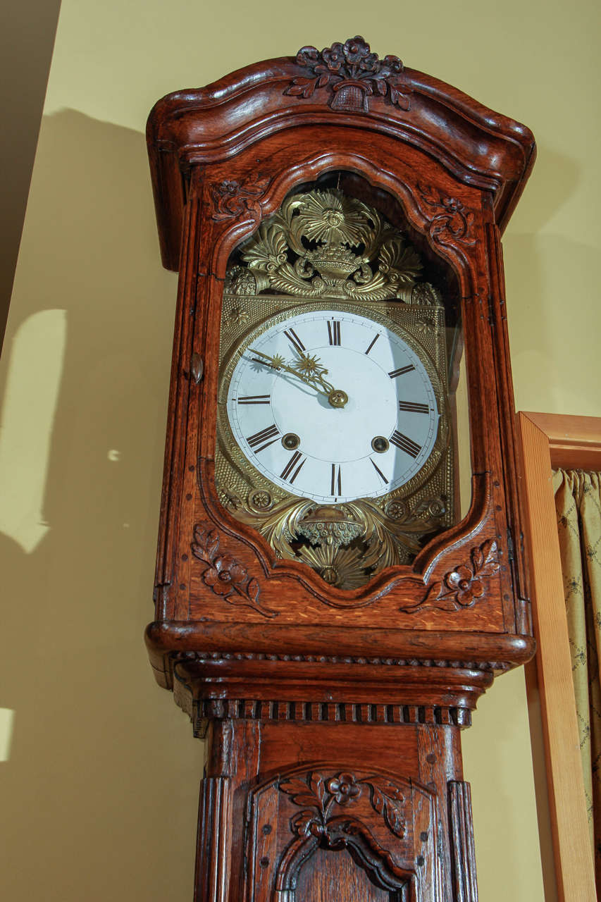 Enameled French Provincial Oak Tall Case Clock For Sale