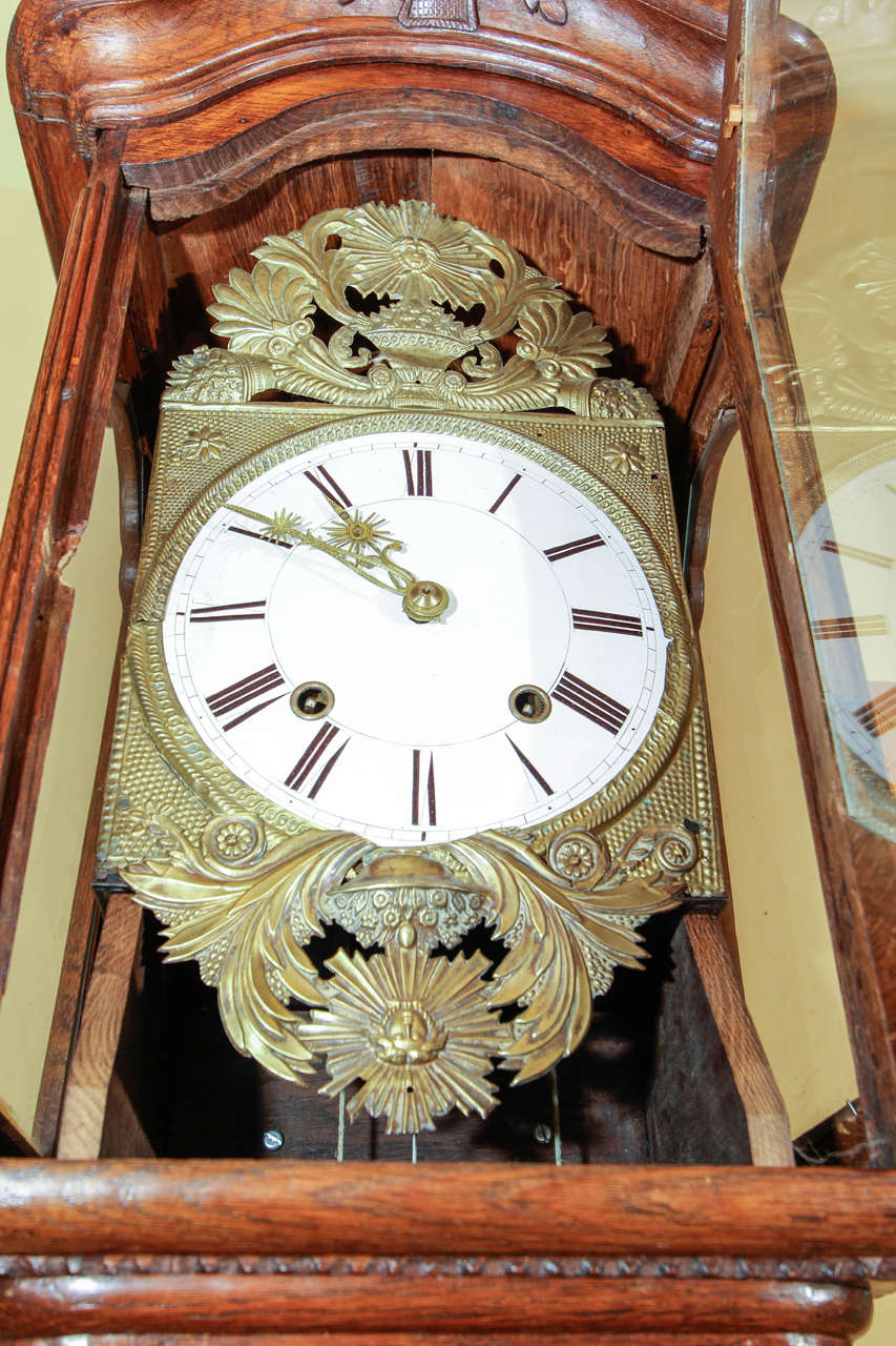 Enamel French Provincial Oak Tall Case Clock For Sale