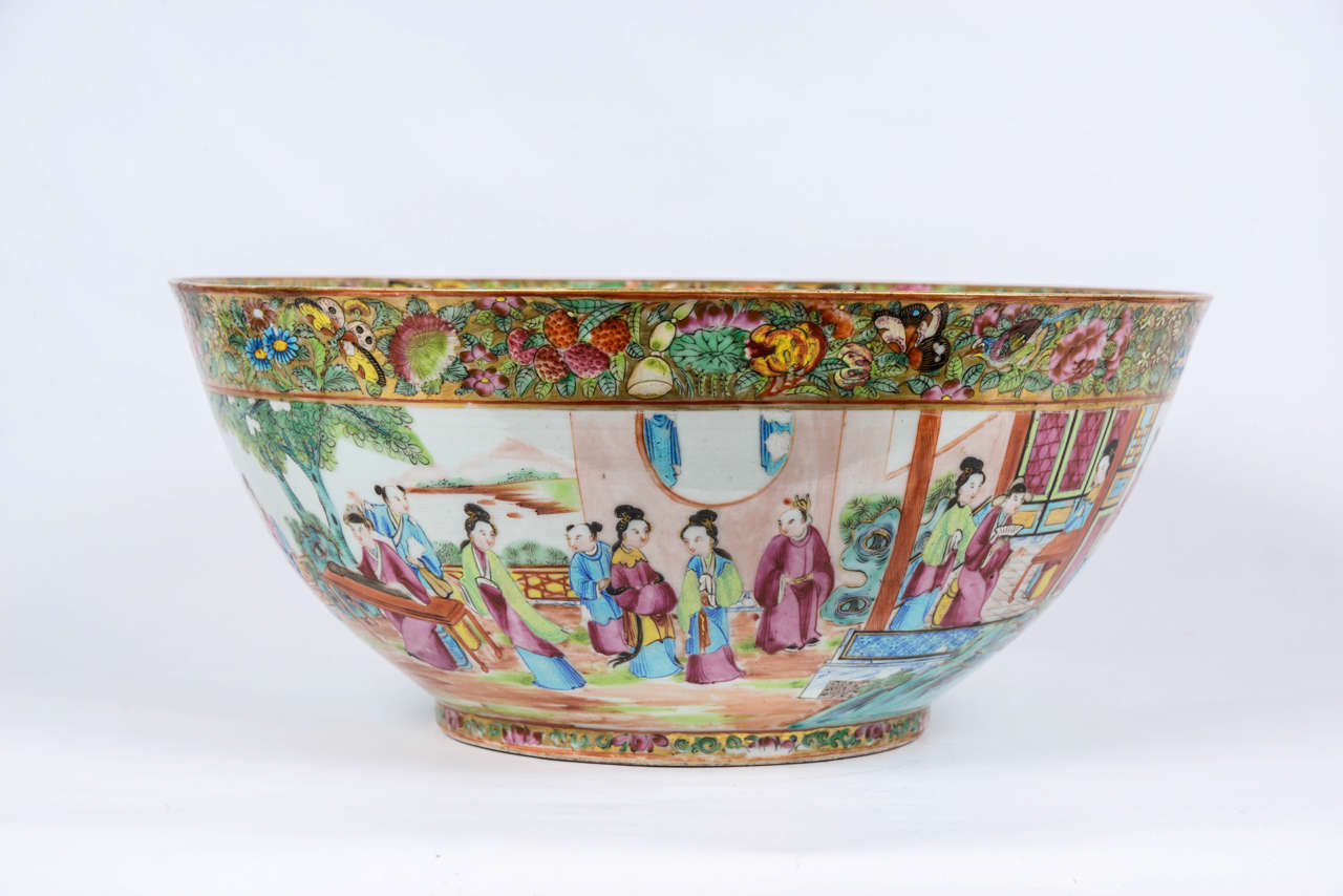 Porcelain 19th Century Chinese Canton Punch Bowl For Sale