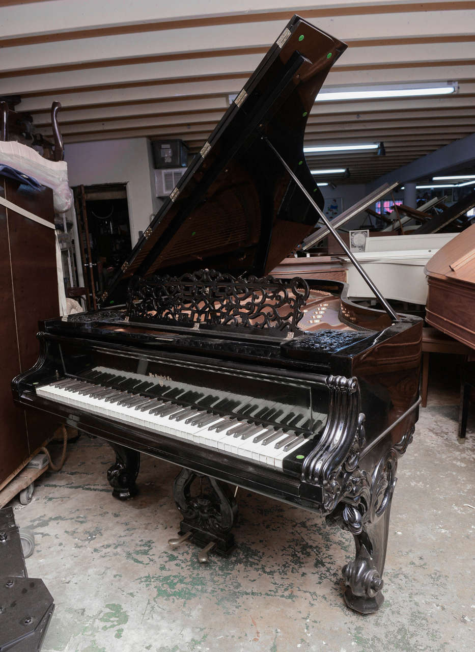 Ornate Grand Piano, in high-gloss black ebony with matching bench.