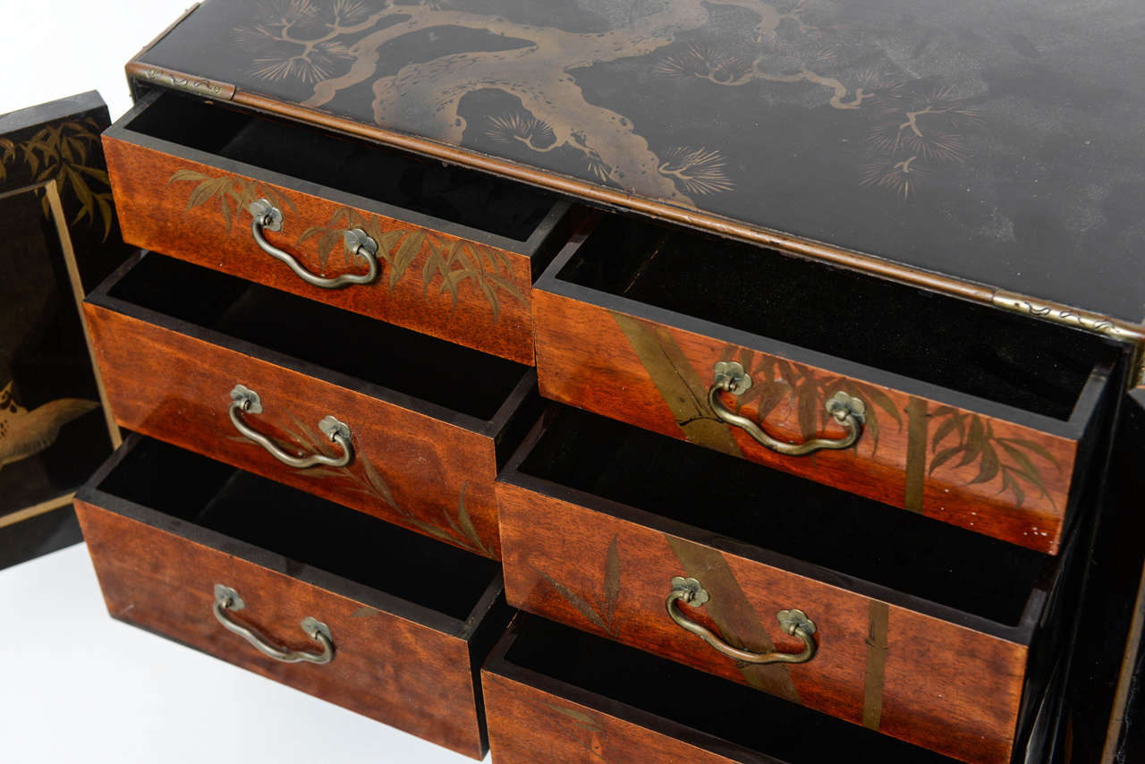 Hand-Painted Japanese Jewelry Chest with Hand Decorations, 19th Century For Sale