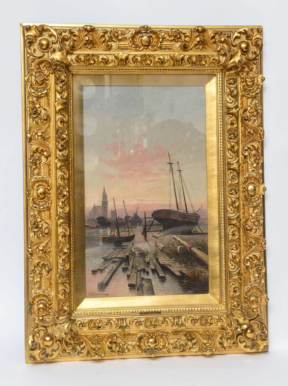 Canvas is under glass and very well preserved. It may have come from an area where coal was mined and was glassed to protect the canvas. The subject is a waterfront location, not sure where, but is extremely well executed and what appears to be in