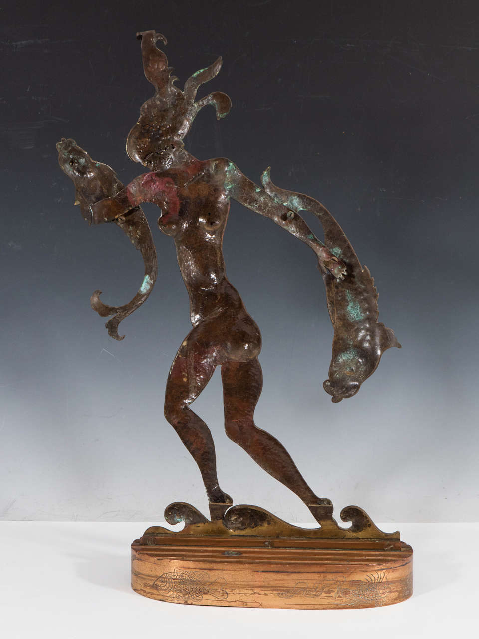 Brass Art Deco Sculpture of a Nude Woman Carrying Fish in the Style of Hagenauer For Sale