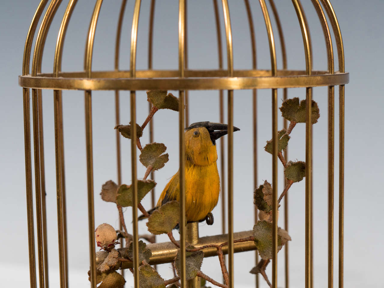 German Vintage Mechanical Singing Bird in a Brass Cage, circa 1940s