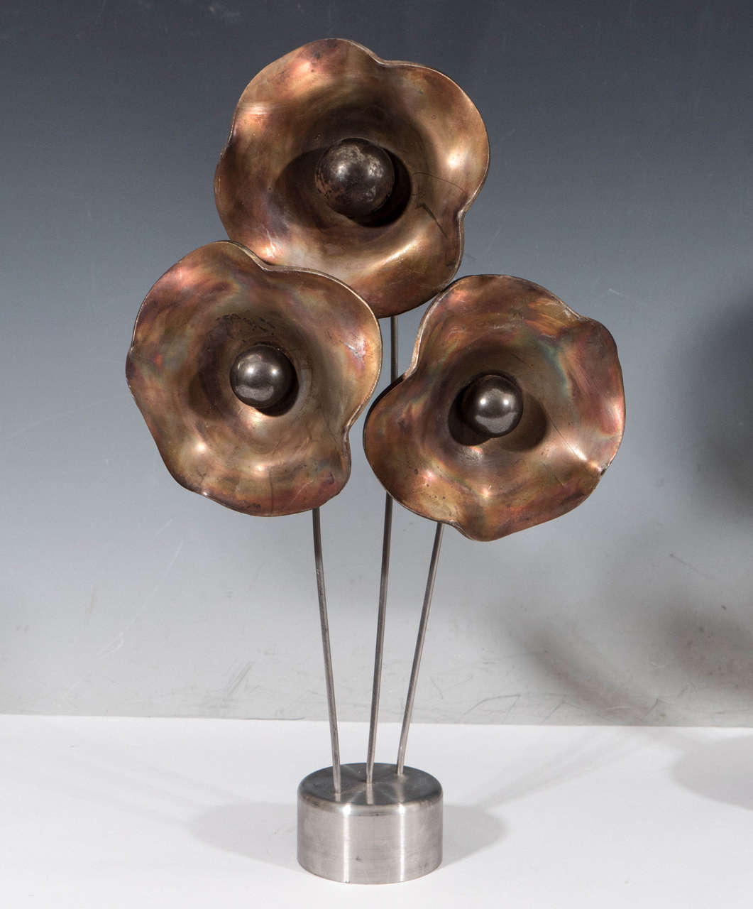 Modernistic Set of Three Kinetic Mixed Metal Flower and Ball Sculptures