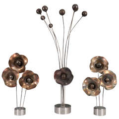 Modernistic Set of Three Kinetic Mixed Metal Flower and Ball Sculptures