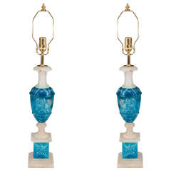 Midcentury Pair of Alabaster and Ombre Blue Etched Table Lamps