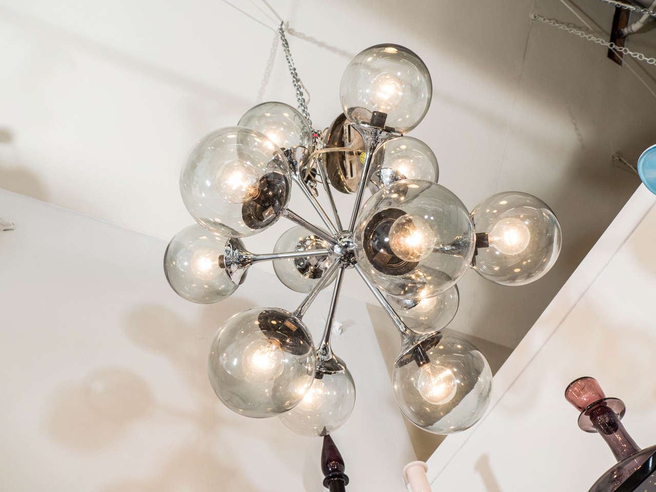 American Midcentury Chrome and Smoked Bubble Glass Sputnik Chandelier by Lightolier