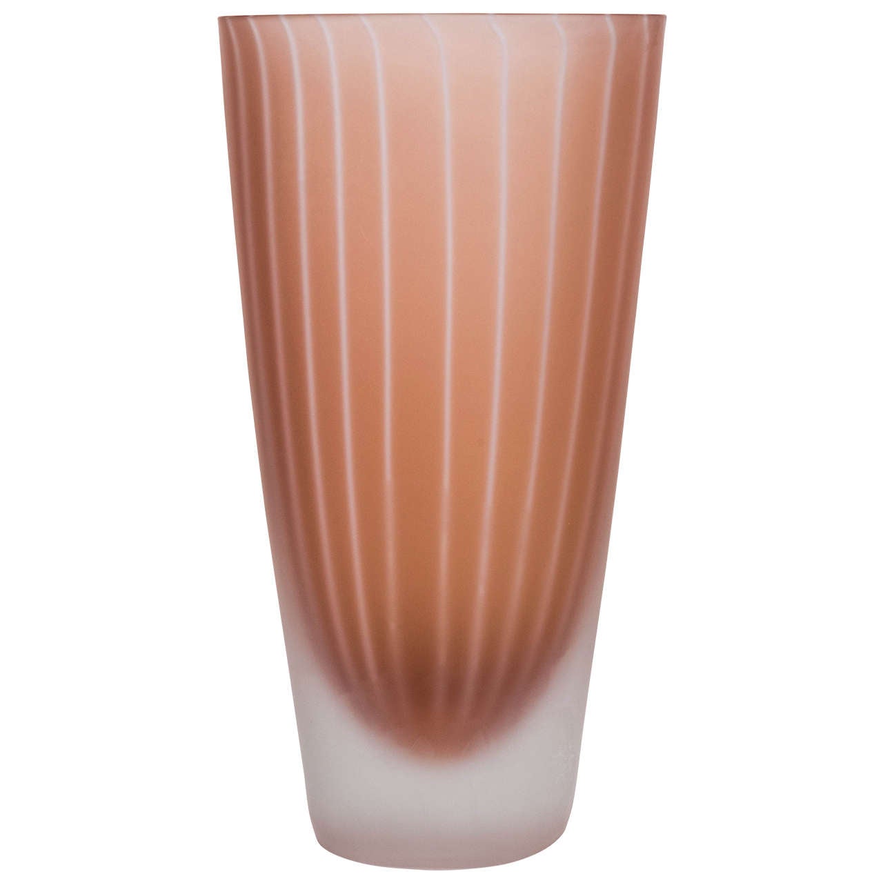 Mid-Century Murano Glass "Sommerso" Vase in Dark Peach with White Stripes