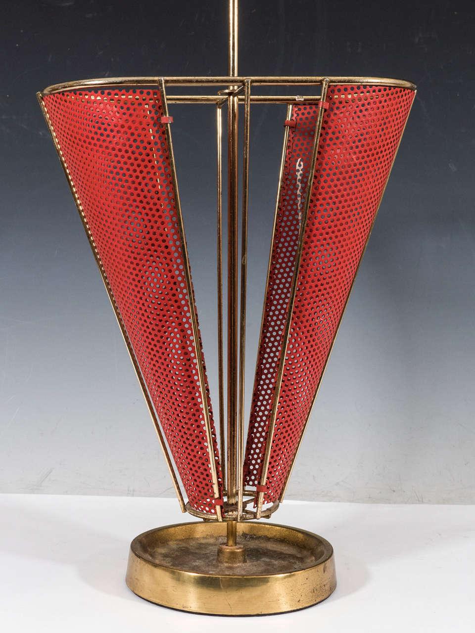 Mid-Century Modern Midcentury Brass-Plated and Red Enameled Italian Umbrella Stand For Sale
