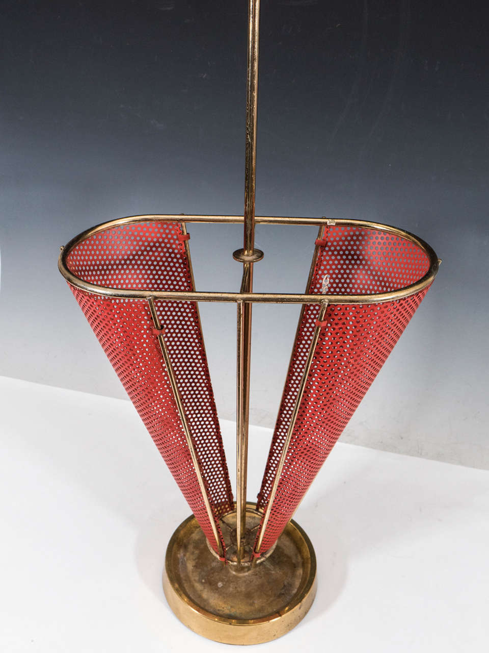 20th Century Midcentury Brass-Plated and Red Enameled Italian Umbrella Stand For Sale