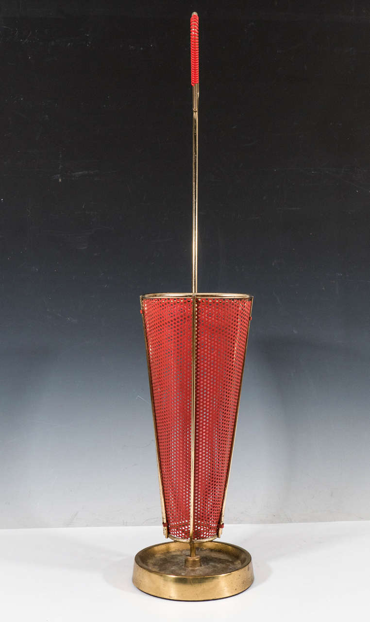 Midcentury Brass-Plated and Red Enameled Italian Umbrella Stand For Sale 2