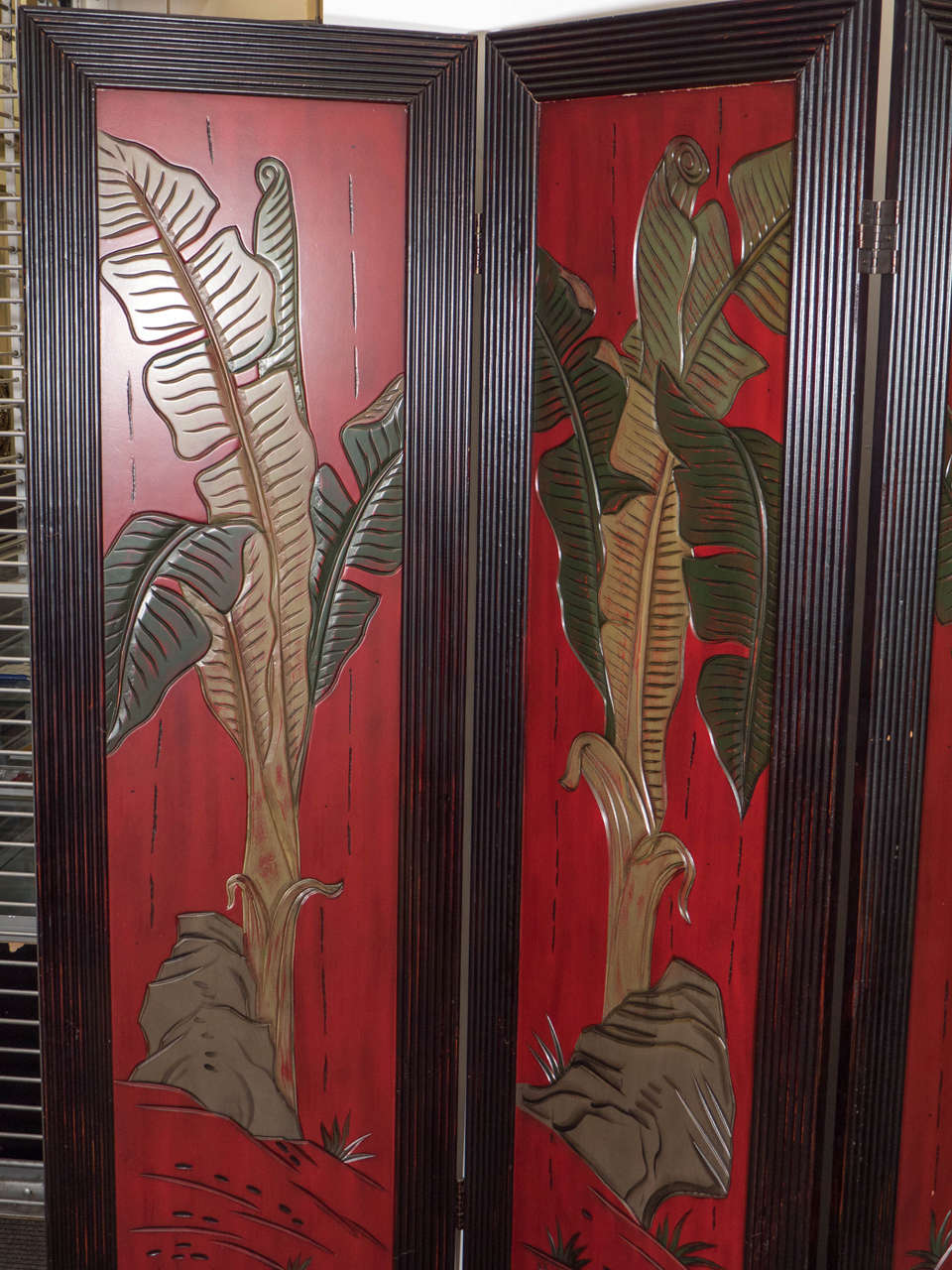 20th Century Three-Panel Asian Screen in Red with Palm Leaf Accent In Good Condition In New York, NY