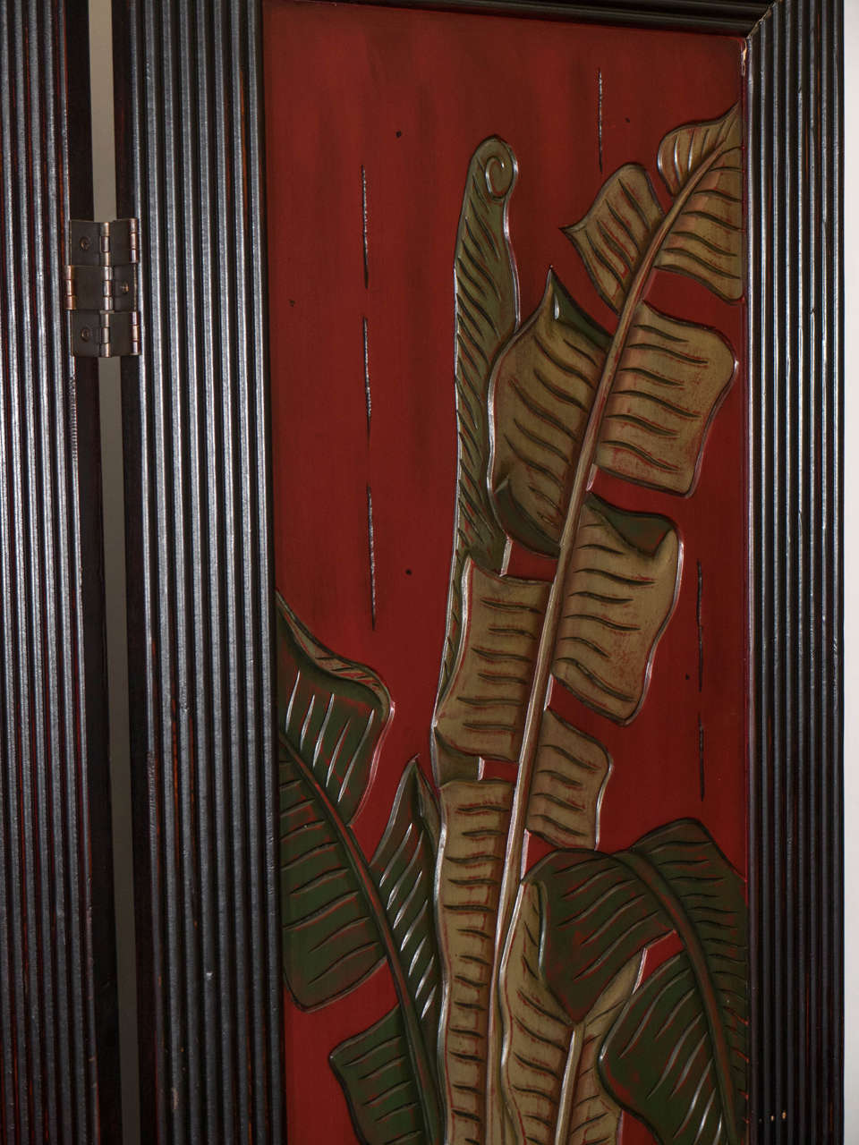 20th Century Three-Panel Asian Screen in Red with Palm Leaf Accent 1