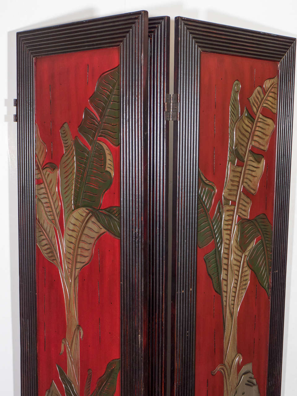 20th Century Three-Panel Asian Screen in Red with Palm Leaf Accent 2