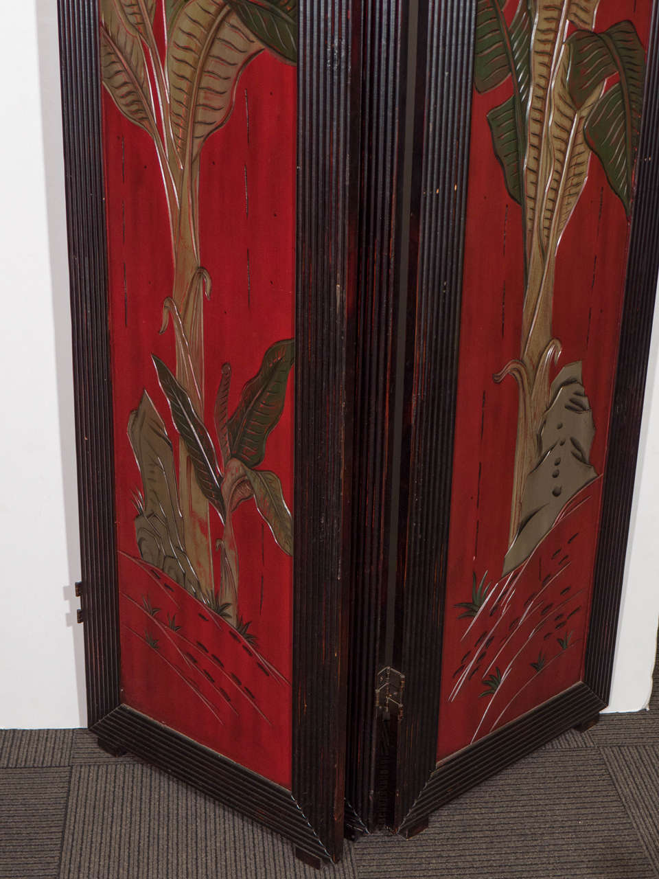 20th Century Three-Panel Asian Screen in Red with Palm Leaf Accent 3