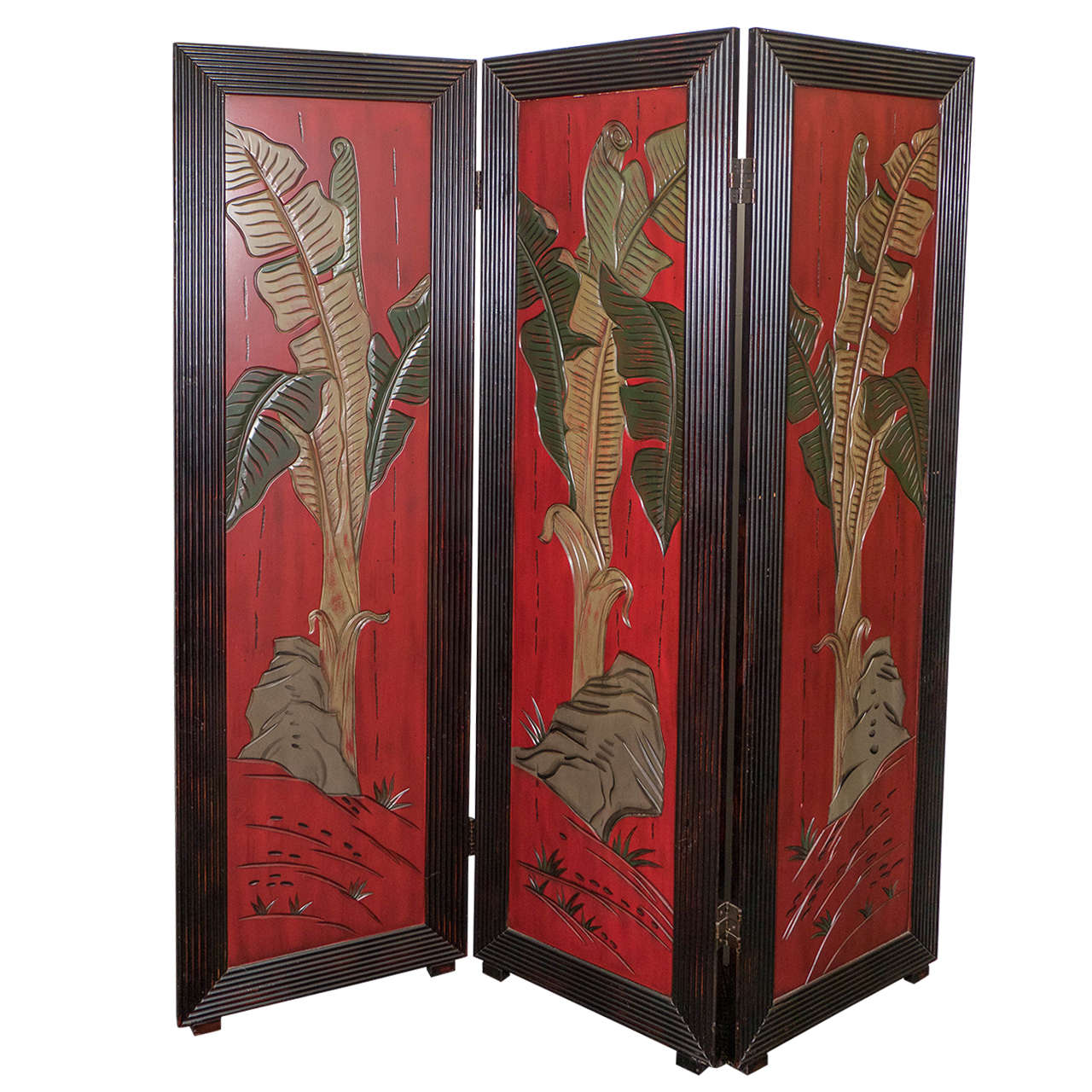 20th Century Three-Panel Asian Screen in Red with Palm Leaf Accent