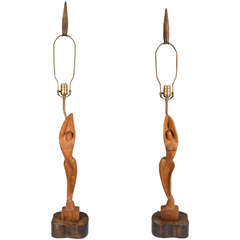 Mid-Century Pair of Male and Female Wooden Figural Table Lamps by Yasha Heifetz