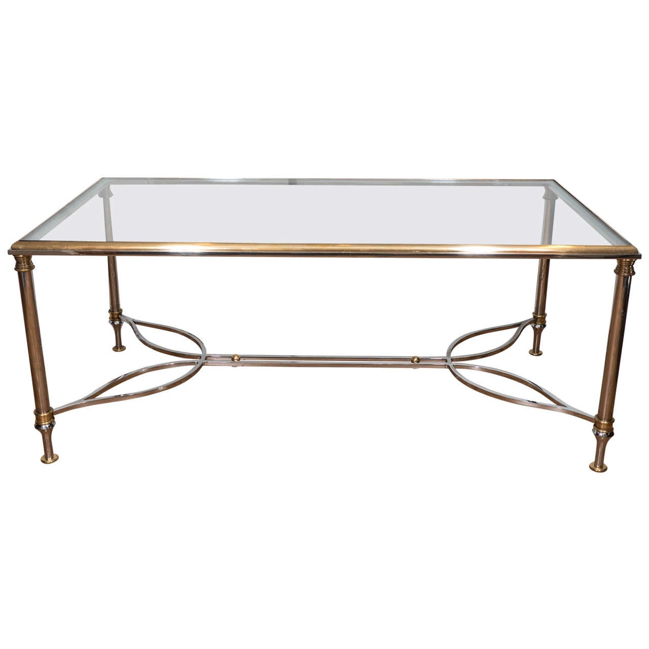 1970s Brass Rectangular Coffee and Cocktail Table with Elegant Chrome Base