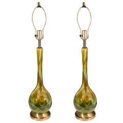 Midcentury Pair of Green and Brown Drip Glaze Ceramic Table Lamps