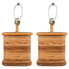 Midcentury Pair of Wood and Rattan Table Lamps