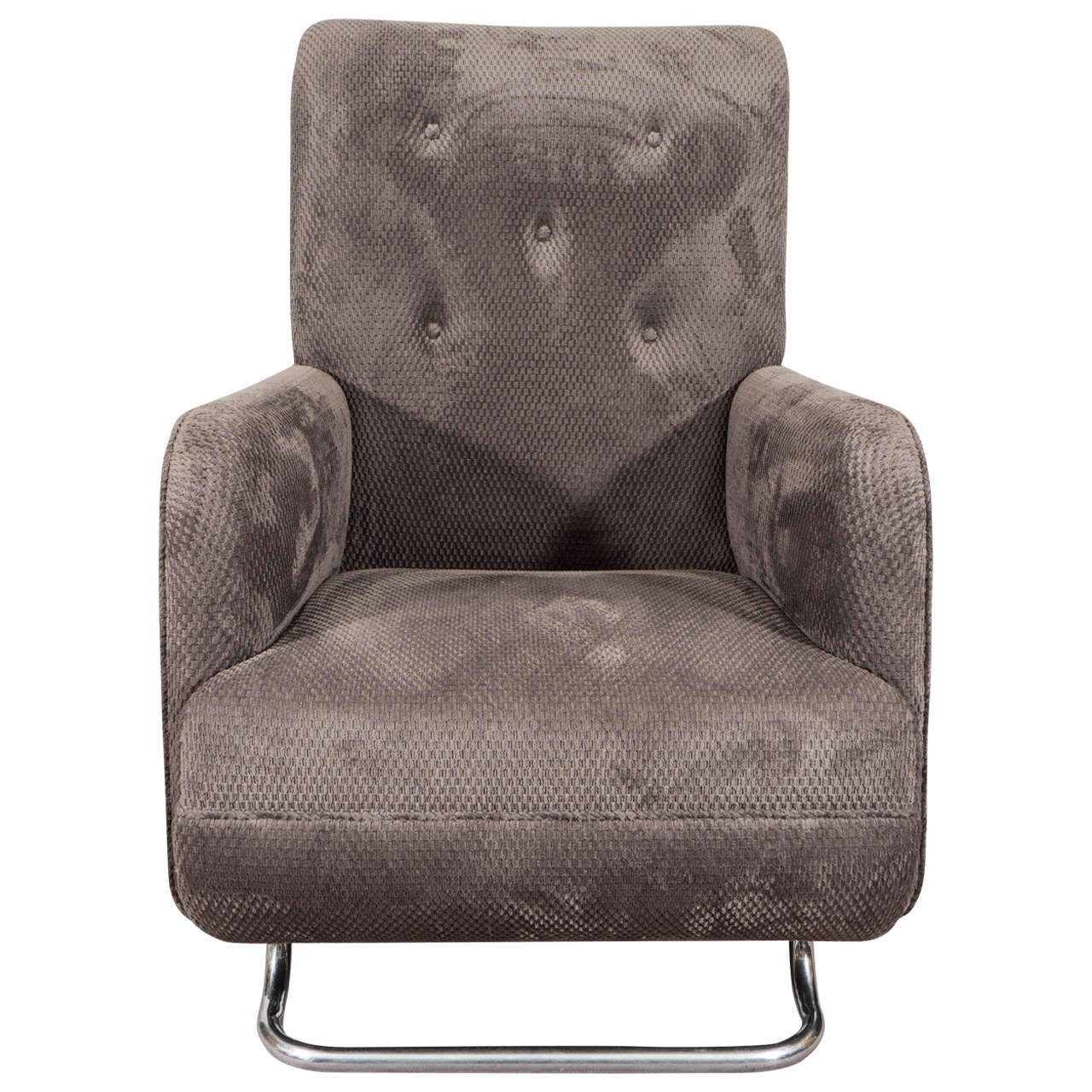  Fantastic Design Kem Weber High Back armchair with tubular chrome base in Luxurious Tufted Gray Patterned Fabric.Very Rare and Unusual Design with a lot of Angular Action.

Kem Weber was born Karl Emanuel Martin Weber in Berlin in 1889. He
