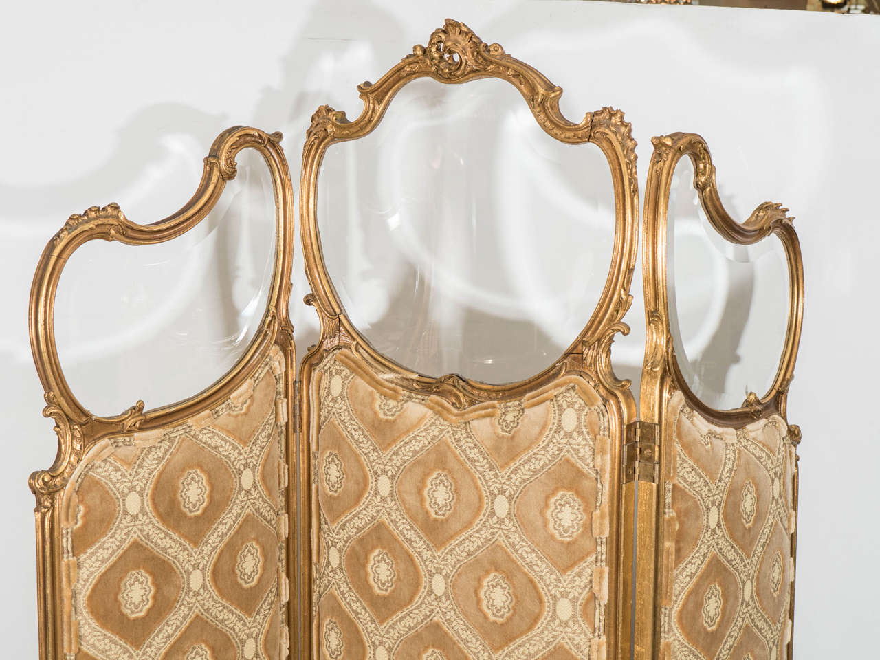 Beaux Arts French Gilt Wood Trifold Screen with Beveled Glass, circa 1920s For Sale