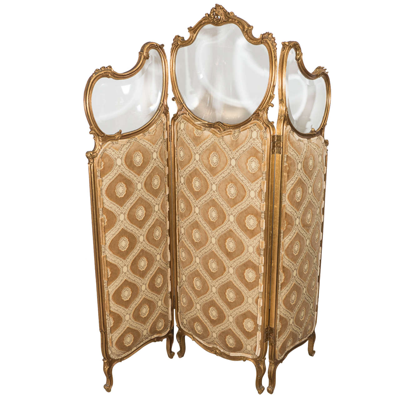 French Gilt Wood Trifold Screen with Beveled Glass, circa 1920s For Sale