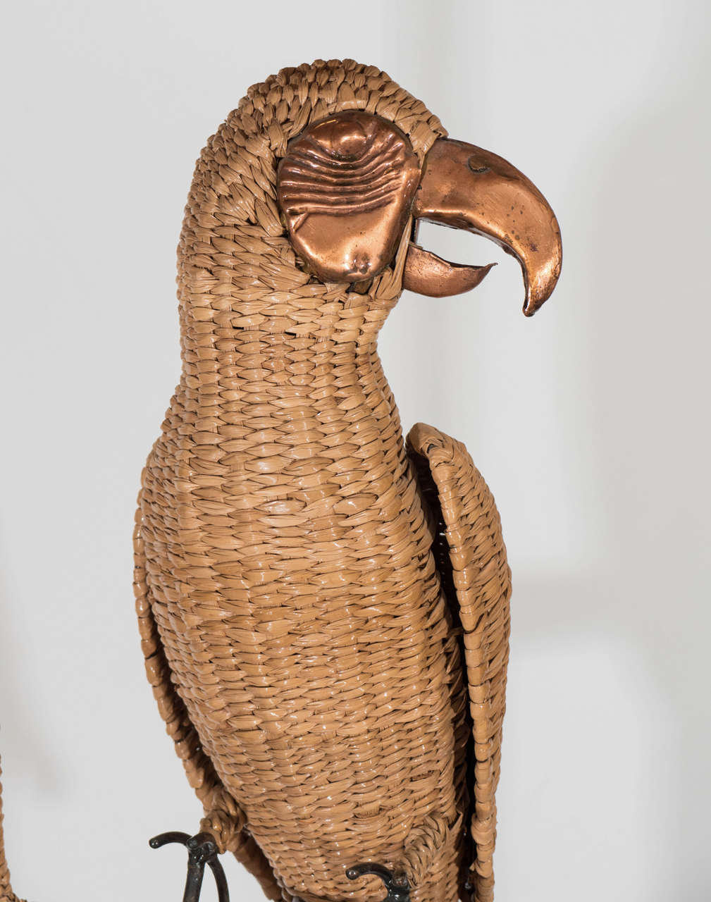 Vintage Mario Lopez Parrot Floor Lamp Wrapped in Reed with Copper Accents In Good Condition For Sale In Mount Penn, PA