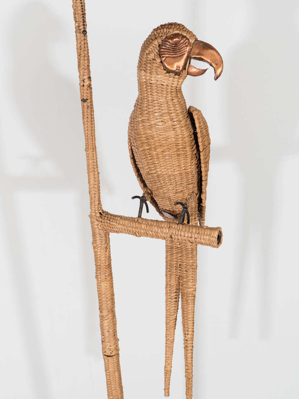 20th Century Vintage Mario Lopez Parrot Floor Lamp Wrapped in Reed with Copper Accents For Sale