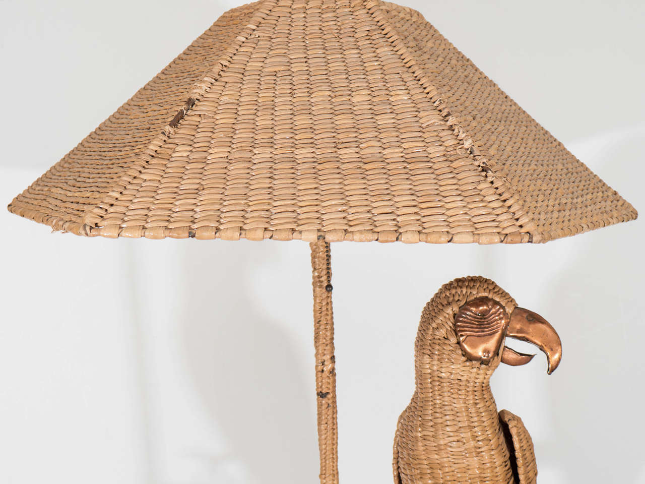 Vintage Mario Lopez Parrot Floor Lamp Wrapped in Reed with Copper Accents For Sale 1