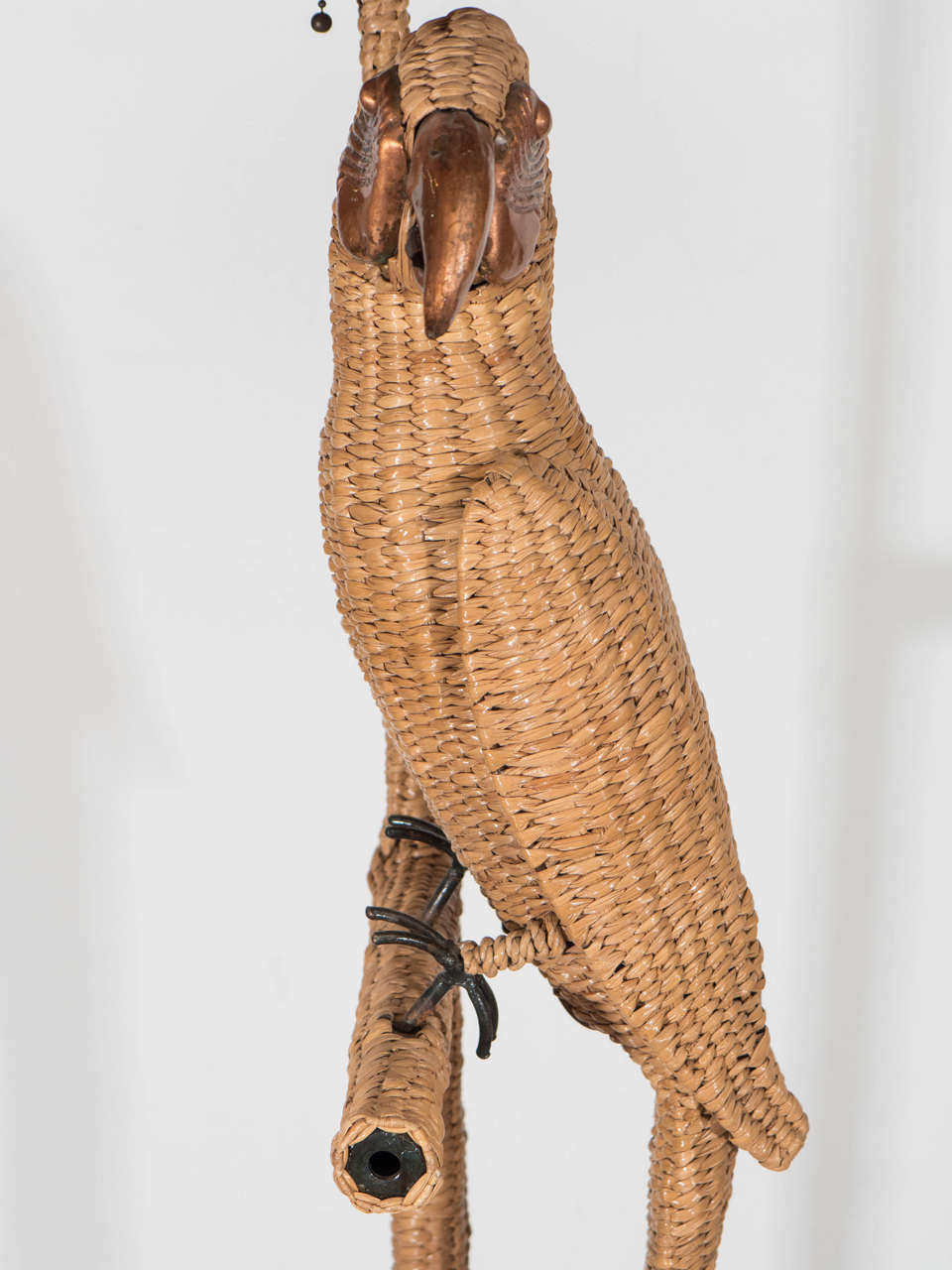 Vintage Mario Lopez Parrot Floor Lamp Wrapped in Reed with Copper Accents For Sale 2