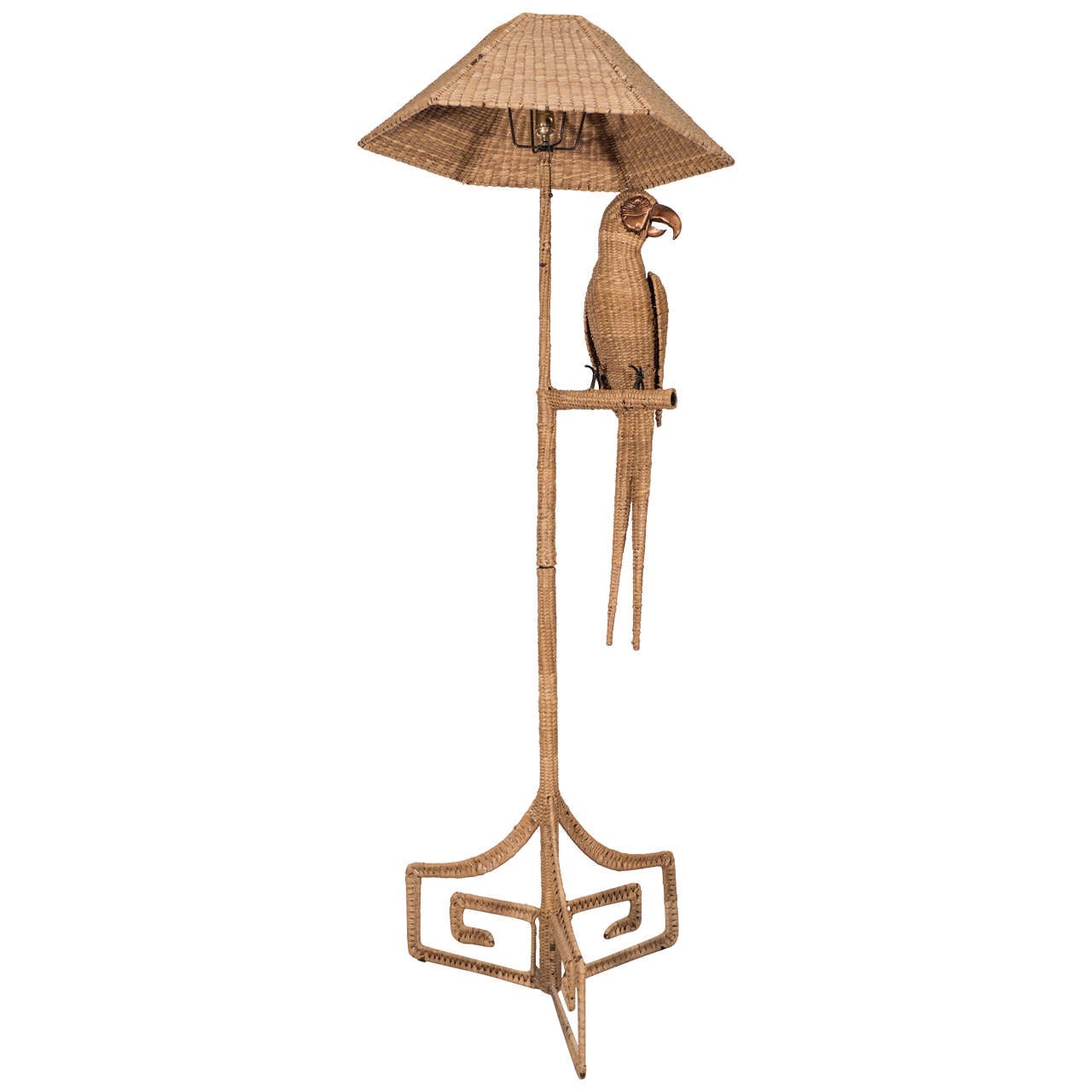 Vintage Mario Lopez Parrot Floor Lamp Wrapped in Reed with Copper Accents For Sale