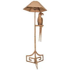 Vintage Mario Lopez Parrot Floor Lamp Wrapped in Reed with Copper Accents