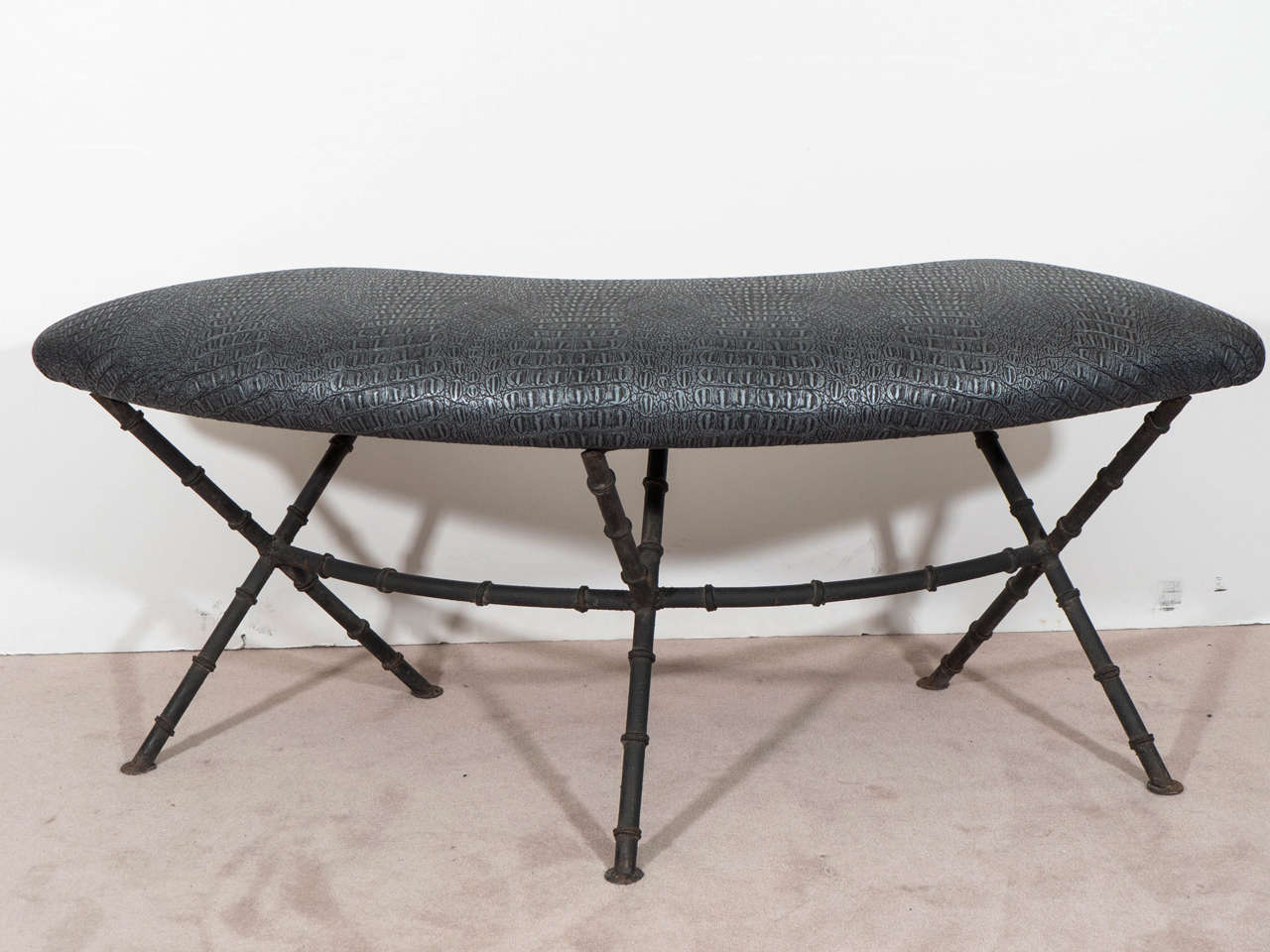 Fantastic Pewter Metallic Alligator Skin Bench with Bamboo Iron Base